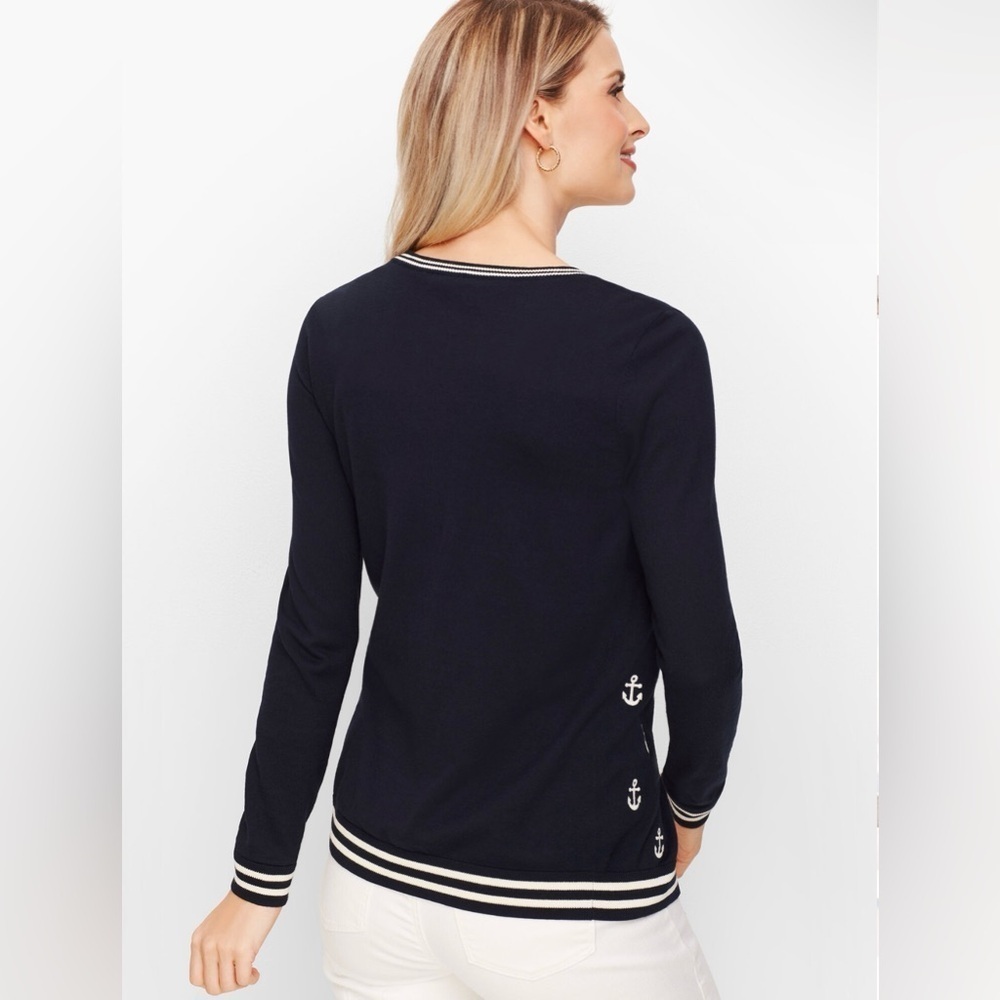 Talbots Nautical Cardigan Embroidered Anchors in Navy Blue & White‎ Sz MP Petite - Picture 2 of 8
